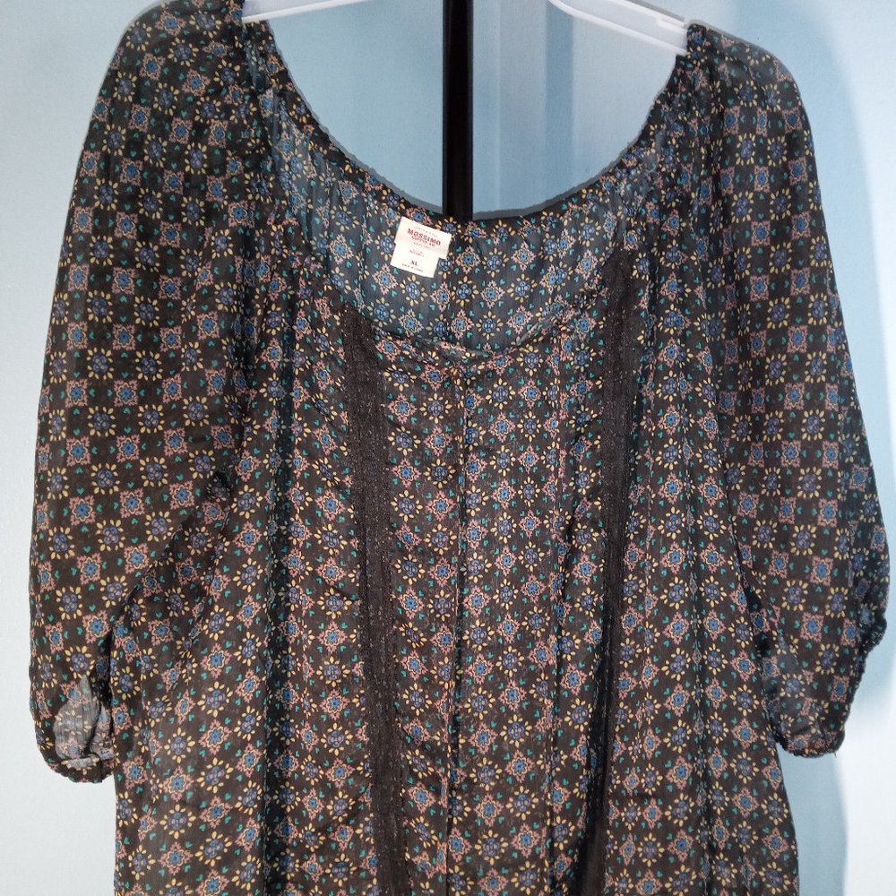 SIZE XL - MOSSIMO SUPPLY SHEER BLOUSE WITH MULTI COLOR PATTERN LONG SLEEVE